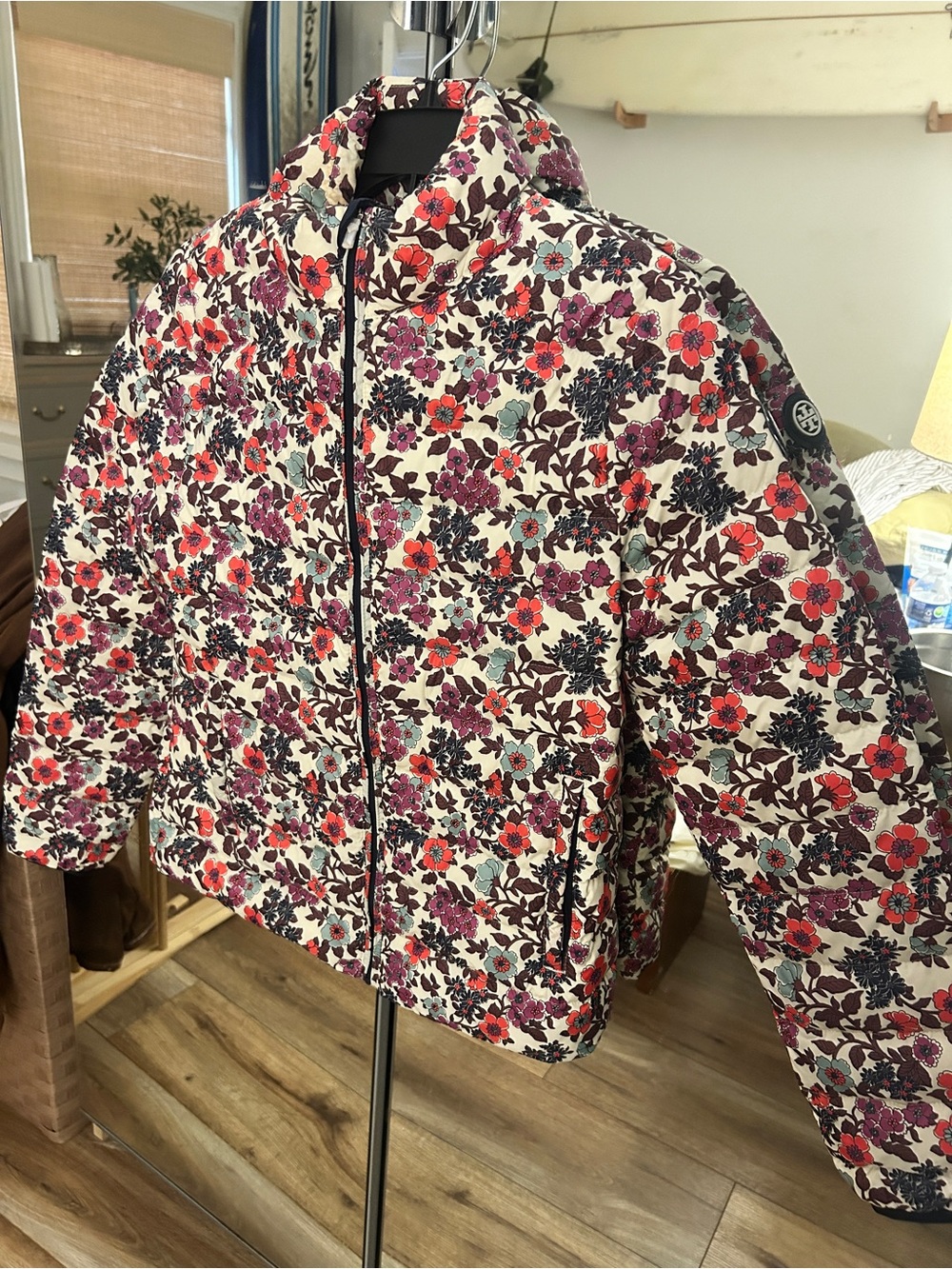Tory Burch Floral Quilted Puffer Jacket in Cream, Red & Purple